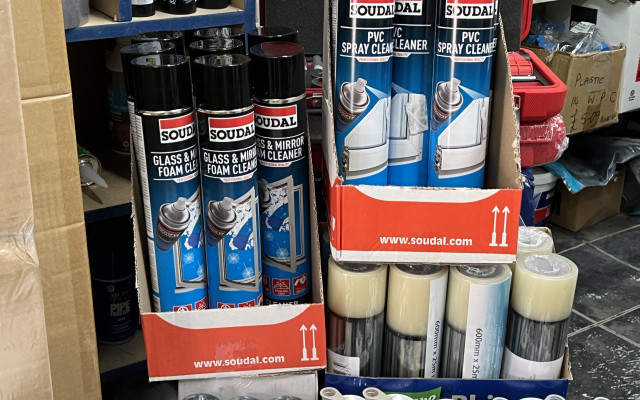 Soudal Glass & Mirror Cleaner and PVC Spray Cleaner on display.